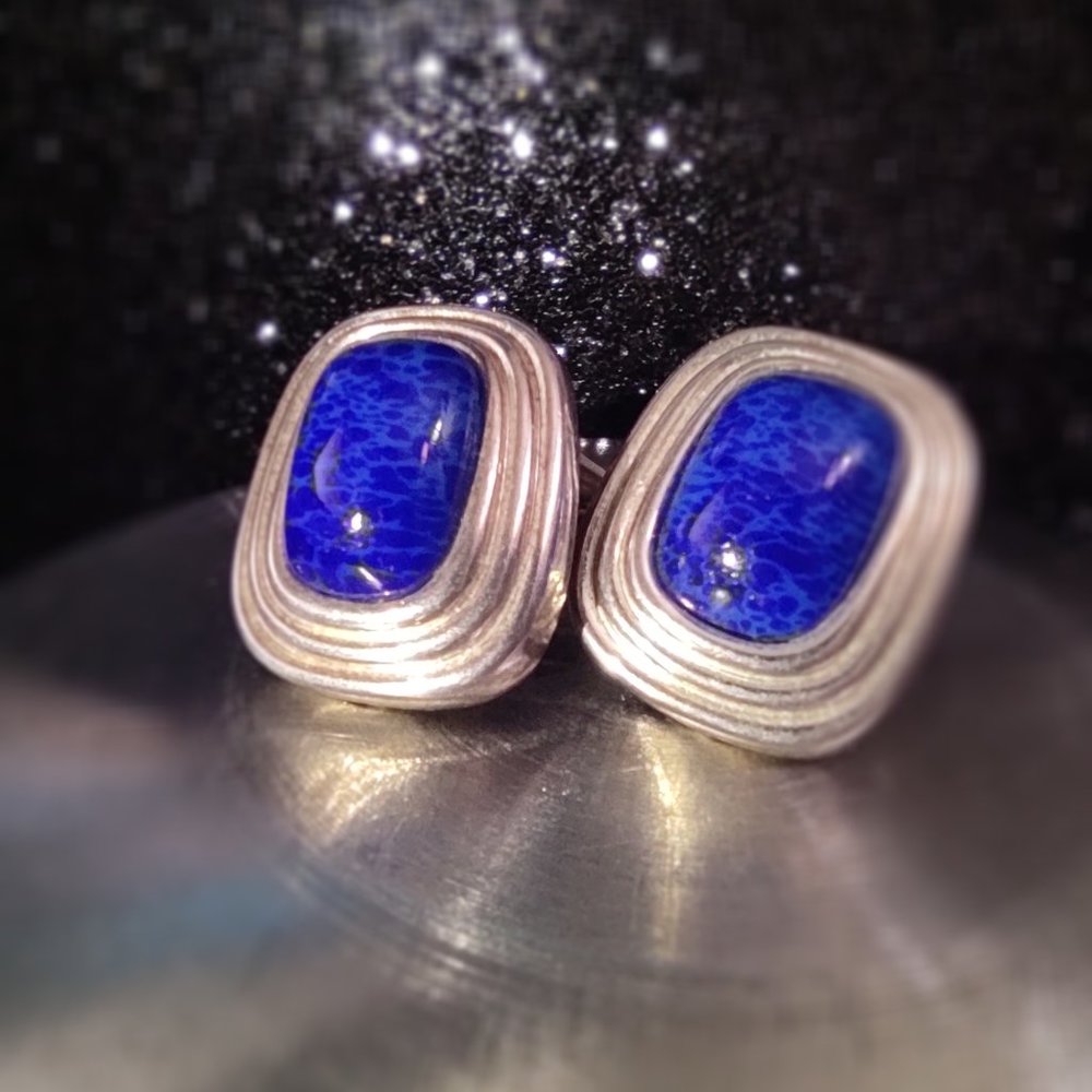 Authentic Christian Dior Clip earrings Silver with blue lapis art glass stone